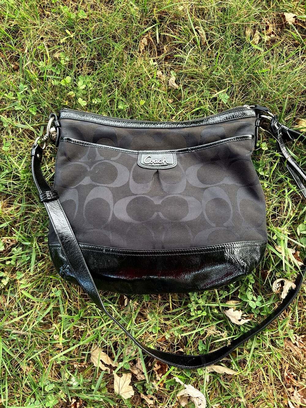 Coach Signature Soho Black Jacquard Patent Leather Hobo Bag F19727